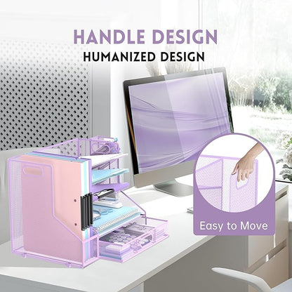 DALTACK Mesh Desk Organizer, 5-Tier Paper Letter Tray with File Holder & Pen Holder & Sliding Drawer, Desktop Organizer and Storage for Desk Accessories Office Supplies, Purple