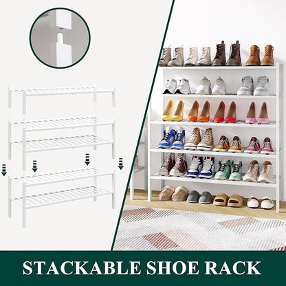 Smiry Long Bamboo Shoe Rack, 2 Tier Free Standing Wooden Shoe Organizer, Stackable Wood Shoe Storage Shelf for Closet, Entryway, 12 Vertical Slats, One-piece Standard Legs, 33.7"x11"x13", White