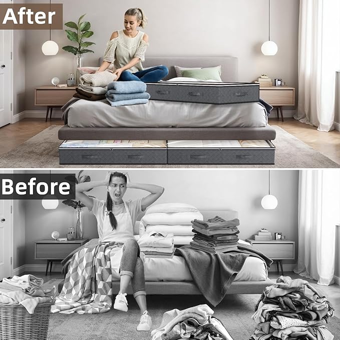 10 Pack Under Bed Storage Containers 90L Underbed Closet Organizer System Collapsible Storage Bins with Clear Window and Reinforced Handles for Bedding Pillows Blanket Towels Clothes Wardrobe Bedroom