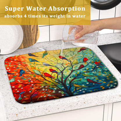 Colorful Spring Summer Tree Bird Dish Drying Mats for Kitchen Counter 16”x18” Absorbent Reversible Microfiber Spring Floral Dish Drying Pad Seasonal Flowers Mat Dish Draining Mat for Countertop Decor