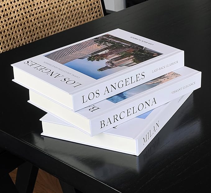 Decorative Coffee Table Book Set – 3 Neutral Hardcover Books with Blank Pages for Home Styling – Travel-Inspired Display Featuring Barcelona, Milan & Los Angeles