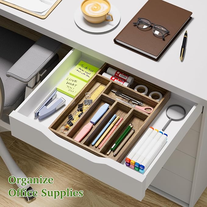 Kiasthome Acacia Wood Silverware Drawer Organizer, Kitchen Utensil Cutlery Drawer Organizer with Dividers, Flatware Organizer, Silverware Tray Holder for Spoons, Forks, 11.8''x16.5'' (6 Slots)