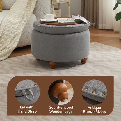 24Inch Round Storage Ottoman with Tray