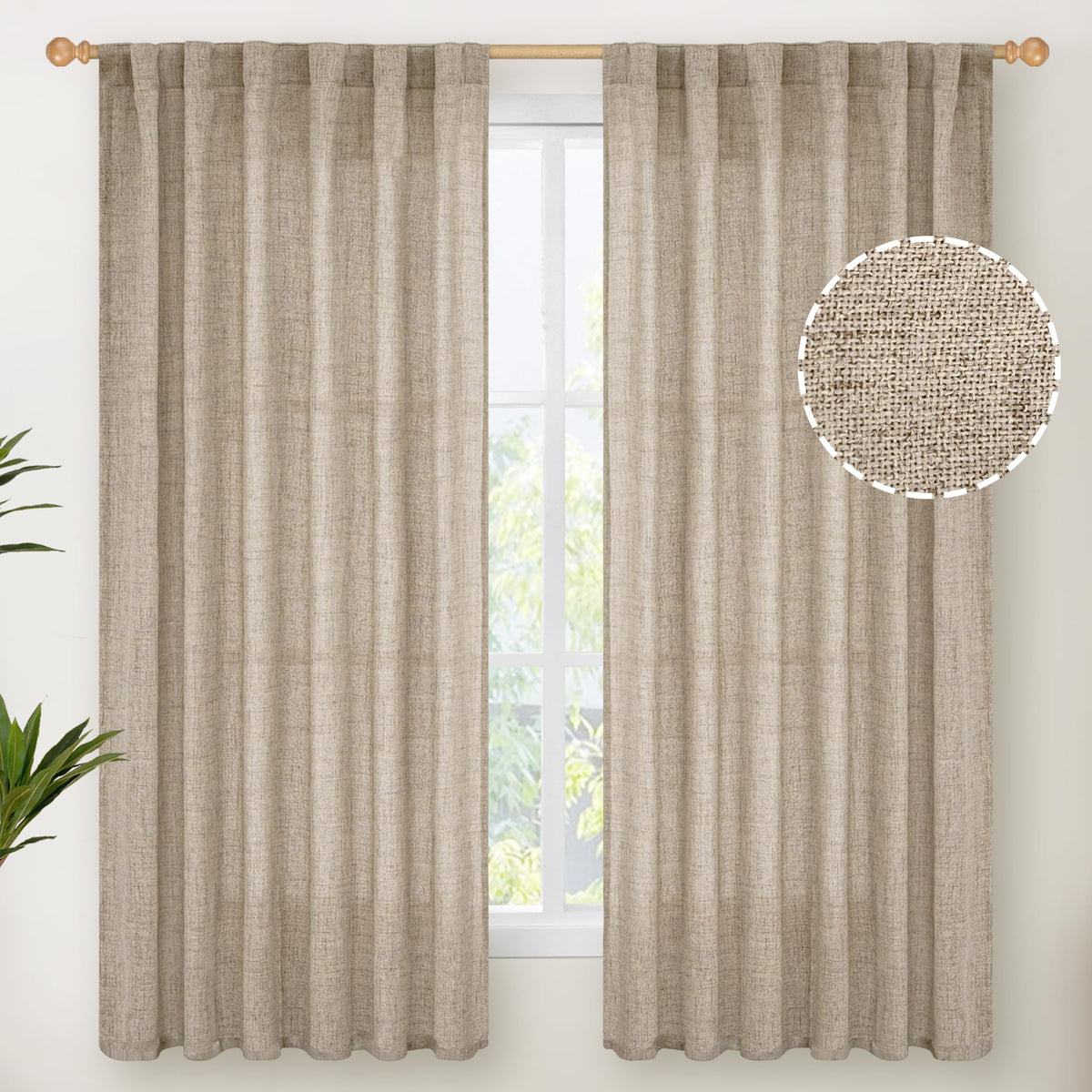 Dark Oatmeal Linen Curtains 63 Inches Long for Living Room Window (2 Count)