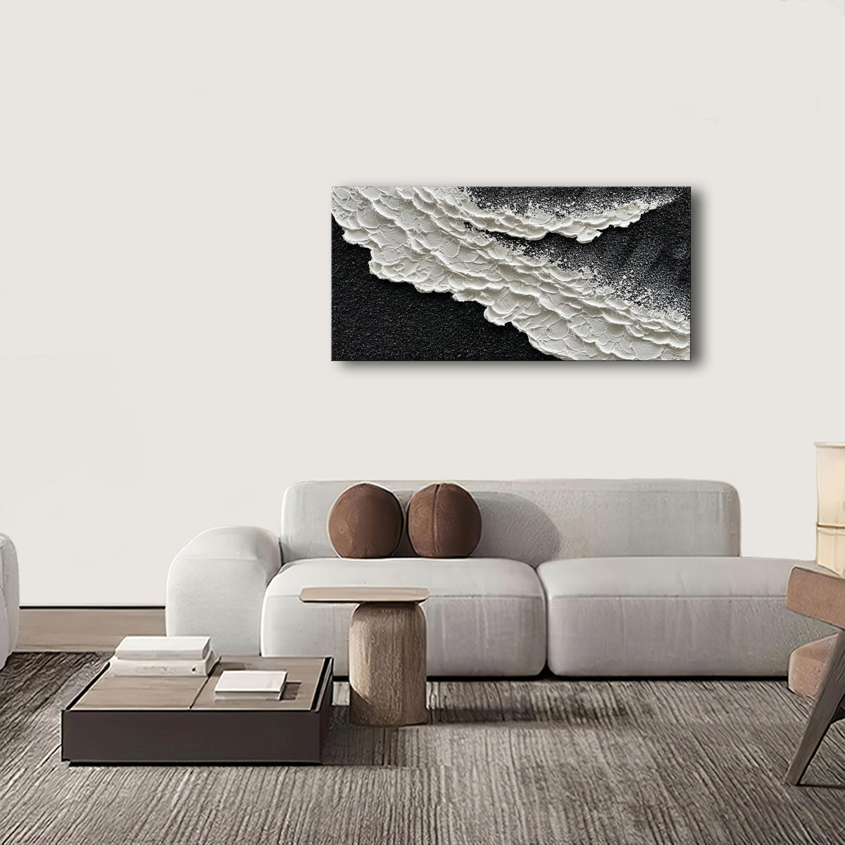 24x48 Inch Hand Painted 3D Ocean Wave Landscape Oil Painting Black and White Abstract Canvas Art Mural Family Wall Decoration Art