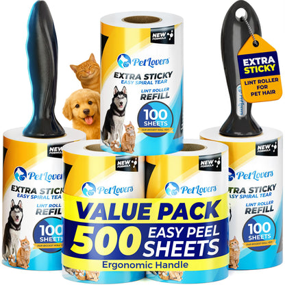 Extra Sticky Lint Roller Mega Value Set 500 Sheets for Pet Hair Removal and Clothes
