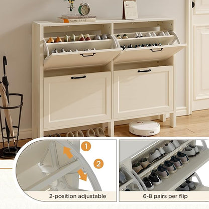 LOUVIXA Shoe Cabinet with 4 Flip Drawers, Narrow Shoe Storage Cabinet, Freestanding Shoe Cabinet Organizer, Hidden Shoe Rack Cabinet for Entryway, Hallway (4-Drawers, Off White/4-drawers)