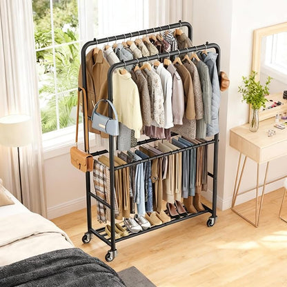 Clothes Rack - 4-Bar Double Rod Clothing Rack with 15 Pants Racks - Rolling Clothes Rack with Shelves - Portable Garment Rack for Bedroom Laundry Room Closet - Black