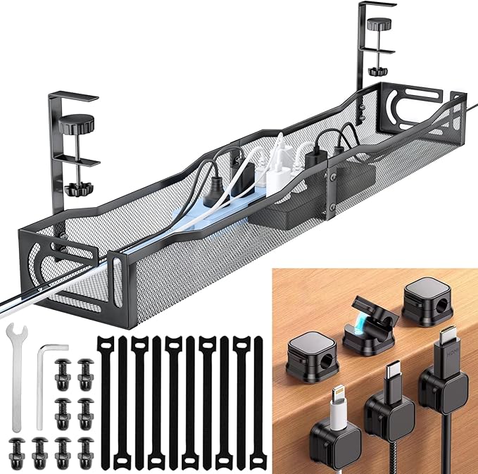 Cable Management Under Desk, 25.3'' No Drill Desk Cable Management Tray with Clamp, Metal Cord Organizer for Standing Desk, Computer Wire Management for Home Office & Gaming Setup, Black