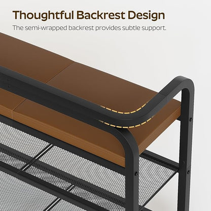 YATINEY Shoe Bench with Backrest, Entryway Bench, 2-Tier Shoe Rack with PU Padded Seat, Upholstered Shoe Storage Bench with Back, for Hallway, Entryway, Foyer, Bedroom, Brown and Black HX04BV