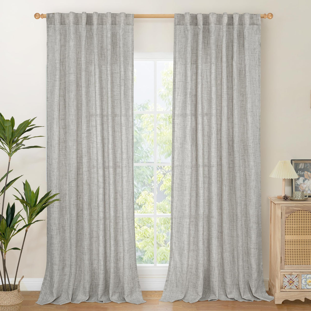 Dark Grey Linen Semi Sheer Curtains 52X95 Inch for Living Room Floor Length (2 Count)