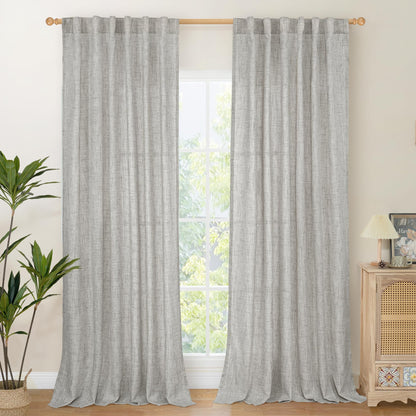 Dark Grey Linen Semi Sheer Curtains 52X95 Inch for Living Room Floor Length (2 Count)