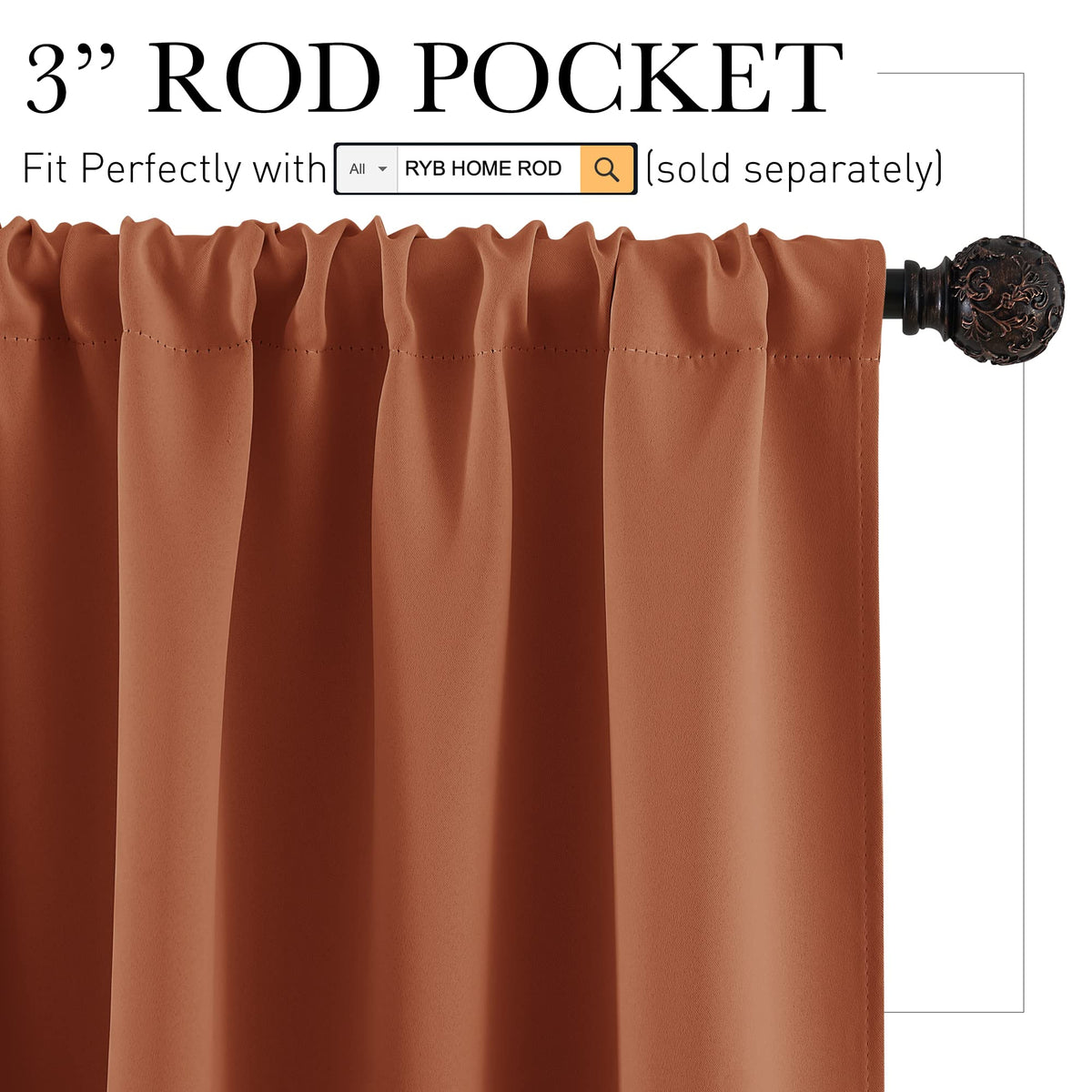 Short Burnt Orange Blackout Curtains for Small Bedroom Window Cafe
