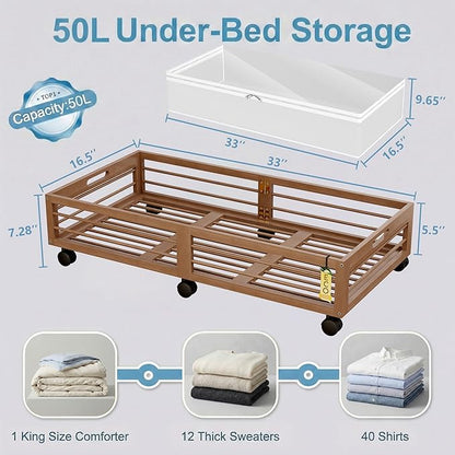 Bamboo Underbed Storage Containers with Wheels & Bag 2 Pack, Large Under Bed Rolling Storage Bins Wood Under Bed Clothes Storage Stackable Drawers for Bedroom Closet Under Crib Toy(Walnut)