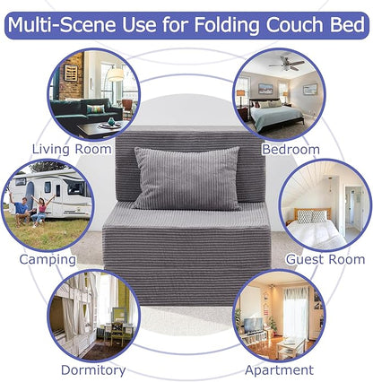 Folding Sofa Bed, 4 in 1 Convertible Sleeper Chair with Pillow, Single Memory Foam Fold Out Chair Bed, Modern Floor Futon Sofa Couch Mattress for Living Room/Guest/Apartment, Light Gray