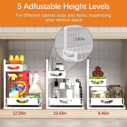 Under Sink Organizer with Pull-Out Drawers,Kitchen Sink Organizer,2 Tier Bathroom Organizers And Storage,Bathroom Accessories Set,White 2 Pack