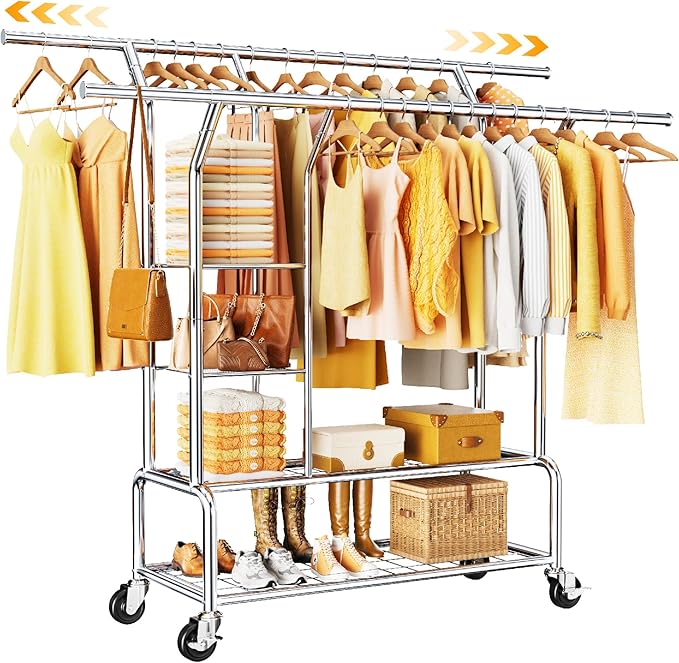 Heavy Duty Clothes Rack - Rolling Clothing Racks for Hanging Clothes Load 630 LBS, Double Rod Metal Garment Rack With Storage Shelf, Portable Wardrobe Racks with Wheels
