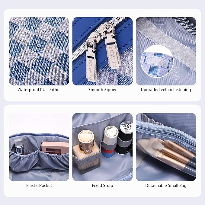 BOYATU Travel Makeup Bag for Women: Large Cosmetic Bag Set of 3 - PU Leather Make up Bag with Compartments - Compact Waterproof Toiletry Bag with Divider & Handle (D-1-Blue)