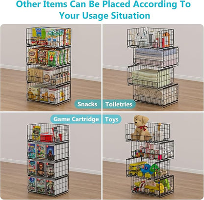 Hongtamoya 4-Tier Sliding Closet Organizers and Storage Shelves, Stackable Closet Shelf Organizer Basket Bins, Drawer Shelf Storage Container for Wardrobe Cupboard Kitchen Bathroom Office, Black