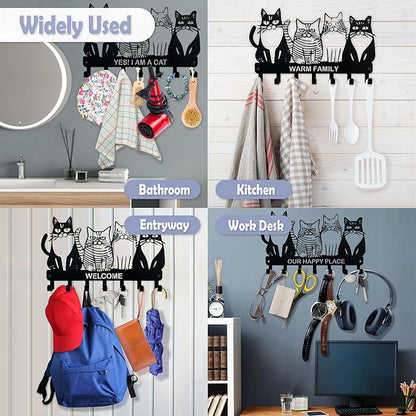 Key Holder for Wall, 11.88'' x 7'' Black Metal Cat Shape Decoration Key Hook Wall Mount Key Rack Hanger Storage Organizer with 7 Hooks for Home Doors Entryway Kitchen Garage Decor