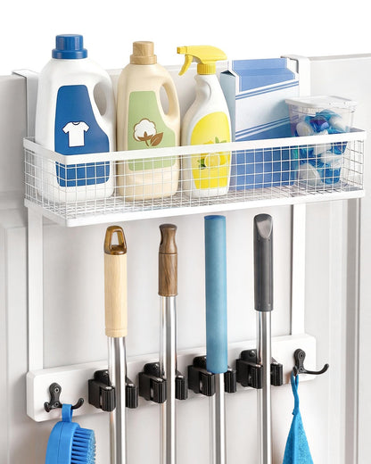 Over the Door Broom and Mop Holder with Basket