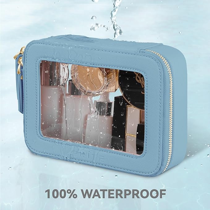 Prite Clear Makeup Bag Cosmetic Organizer Case Waterproof Travel Toiletry Bag Skincare Pouch with Golden Zipper(Blue)
