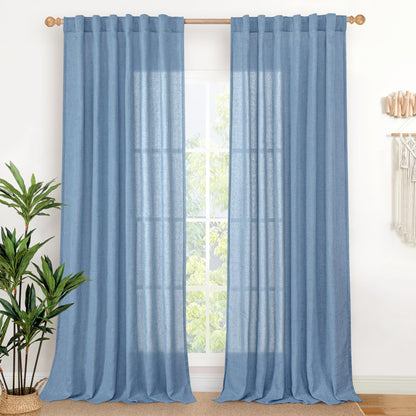 Light Blue Linen Semi Sheer Curtains 84 Inch Long for Living Room (2 Count)