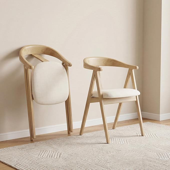 HNY Wooden Folding Chair with Cushion Set of 4, Linen Foldable Dining Chairs Folding Event Chair, Portable Space-Saving Accent Chair with Armrests for Kitchen Dining Living Room Small Spaces, Beige