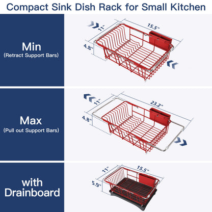 Red Dish Drying Rack in Sink with Drainboard and Utensil Holder
