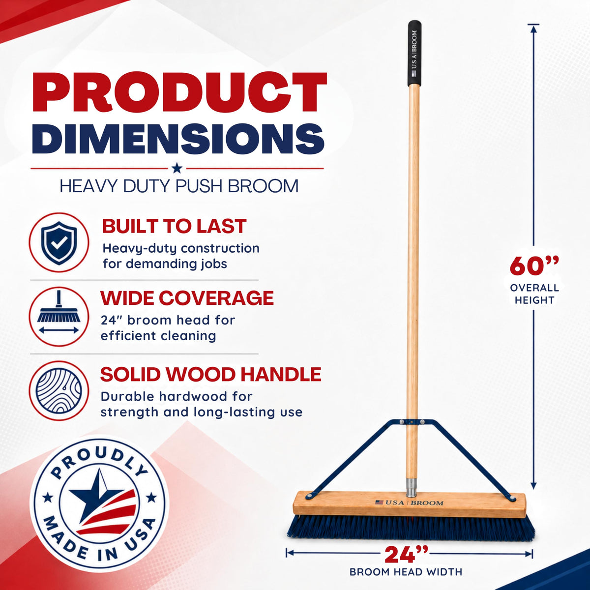 24" Heavy Duty Outdoor Push Broom with 60" Handle. Ideal for Asphalt