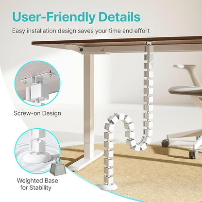 PEGZONE Under Desk Cable Management Spine – Flexible Cable Snake Organizer for Standing Desk, Screw-Mounted Vertebrae Wire Management for Table, White