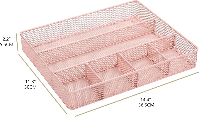Annova Desk Top Organizer Tray for Office Organization - Metal Mesh - Storage Tray with Dividers for Pens, Desktop Accessories, Bathroom, Kitchen, Makeup and Office Supplies (Large, Light Pink)