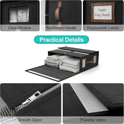 8 Pack Foldable Bed Sheets Set Organizers and Storage(Cal King Size),Linen Fabric Closet Organizers with Window,Folding Bedding Storage Box for Bedsheets and Pillow Cube Organizer-Black