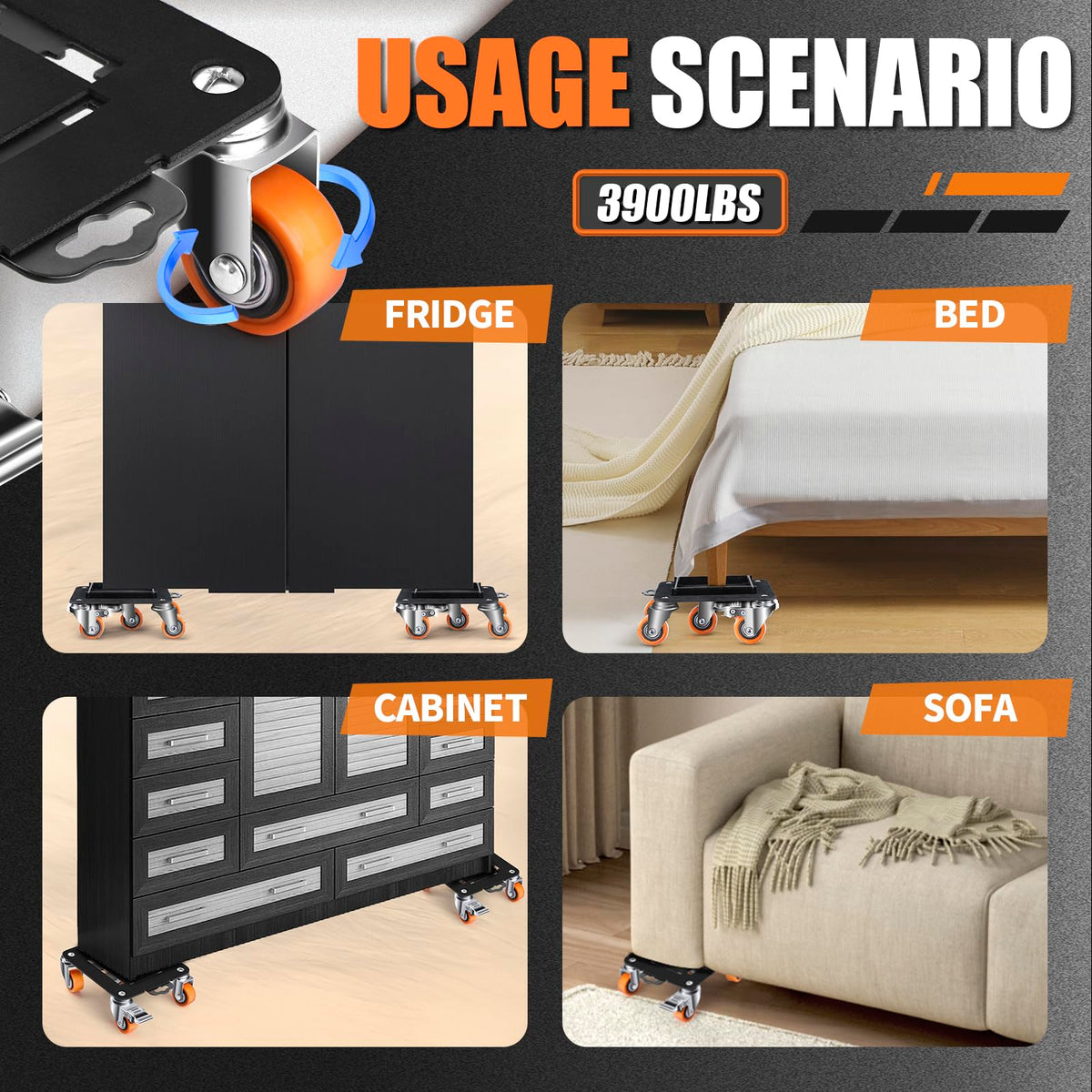 Furniture Dolly 5 Wheels Heavy Duty with Removable Side Guards 3900Lbs Capacity 360°Rotating Wheels Side Brake 5 Rollers Casters Cart Furniture Movers Lifter Tool for Sofas Beds Appliances Safe (4 Count)