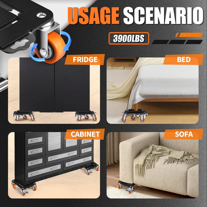 Furniture Dolly 5 Wheels Heavy Duty with Removable Side Guards 3900Lbs Capacity 360°Rotating Wheels Side Brake 5 Rollers Casters Cart Furniture Movers Lifter Tool for Sofas Beds Appliances Safe (4 Count)