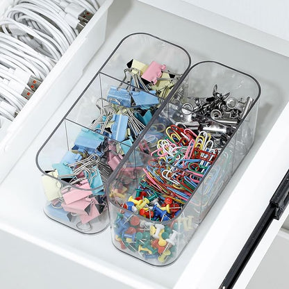 4 Pack Cord Organizer Box for Desk Drawer, Plastic Cable Storage Case with Wire Ties, Clear Home Office Supplies Container for Phone Charger, Art Crafts and bathroom Accessories