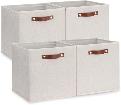 Temary Fabric Storage Cubes Storage Bins with Dual Leather Handles, 4 Pack Cube Baskets 13x13 Foldable Cube Organizers for Shelves, Home, Office, Nursery
