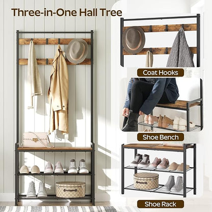 YATINEY Hall Tree, Coat Rack with Shoe Bench, Entryway Bench with Shoe Storage, Multifunctional Entryway Storage Organizer, Metal Frame and 8 Movable Hooks, for Hallway, Rustic Brown MT01BR