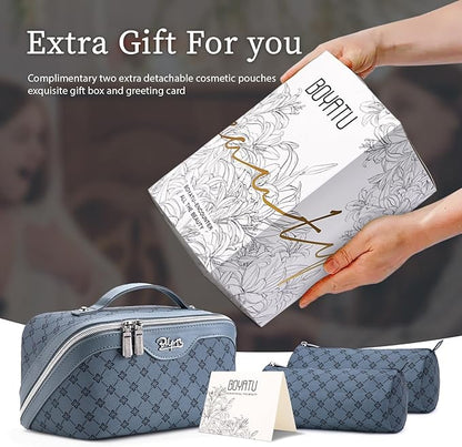 BOYATU Travel Makeup Bag Cosmetic Bags for Women: 3 Pcs Set Large Capacity Make up Bag with Handle - Vegan Leather Toiletry Bags with Compartments - Makeup Organizer for Travel Essentials(A-4-Blue)