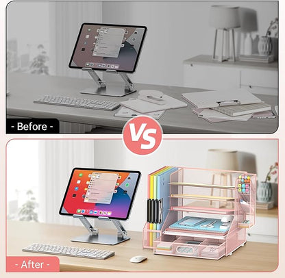 DALTACK Mesh Desk Organizer, 5-Tier Paper Letter Tray with File Holder & Pen Holder & Sliding Drawer, Desktop Organizer and Storage for Desk Accessories Office Supplies, Pink