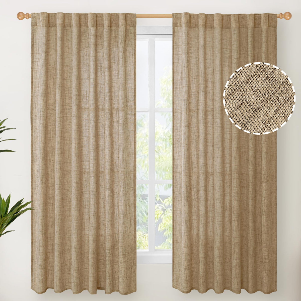 Burlap Linen Curtains 63 Inch Length for Living Room Window (2 Count)