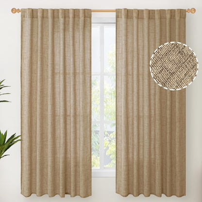 Burlap Linen Curtains 63 Inch Length for Living Room Window (2 Count)