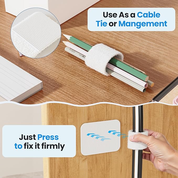 Cable Management Under Desk, 【Up to 15 Cord】【Enhanced Wire Holder】 Reusable Cord Organizer Holder, Adjustable Hook and Loop Cable Ties, Wire Clips Under Table Hider, 20 Pair(White)