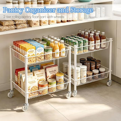 2 Tier Small Utility Cart on Wheels Short Rolling Pantry Cart Thick Metal Wire Basket Stand, Fruit Vegetables Storage Rack for Kitchen, Under Desk Storage for Small Space Bathroom Laundry, White