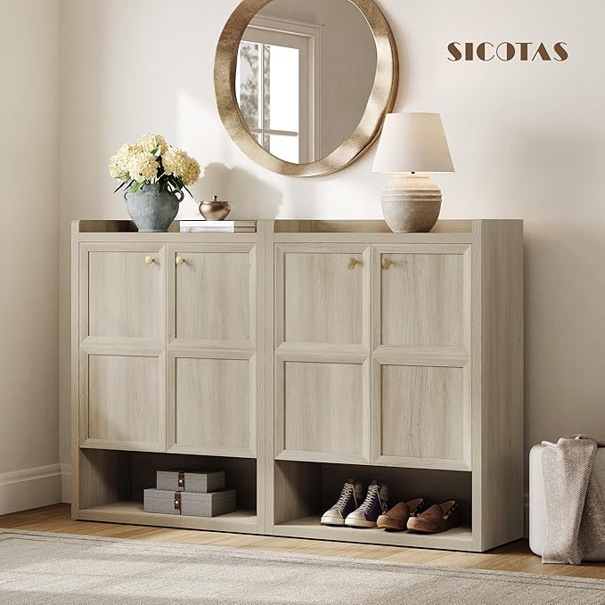 SICOTAS Shoe Cabinet Storage for Entryway - 48-Pair Shoe Cabinets with Doors and Adjustable Shelves, Farmhouse Large 7-Tier Shoes Storage Cabinet for Mudroom Closet Hallway, Grey White Oak, 2PCS