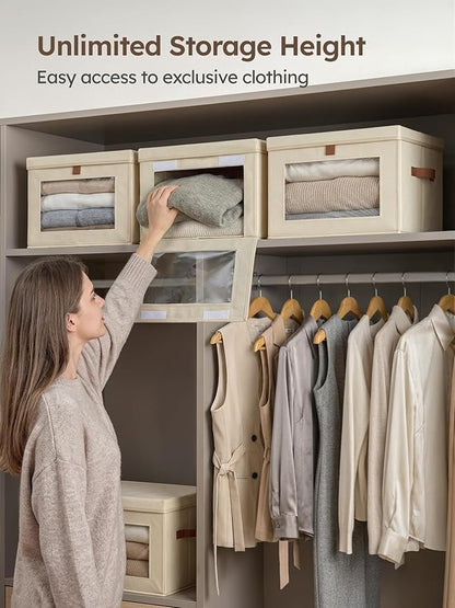 Homsorout Large Closet Storage Organizer - Clothes Storage Bins with Handles & Window, Collapsible Decorative Boxes with Lids, Fabric Containers for Living Room, Dorm, 5 Pack, Beige