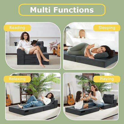 Folding Sofa Bed, 4 in 1 Convertible Sleeper Chair with Pillow, Standard Memory Foam Fold Out Chair Bed, Modern Floor Futon Sofa Couch Mattress for Living Room/Guest/Apartment, Black Grey