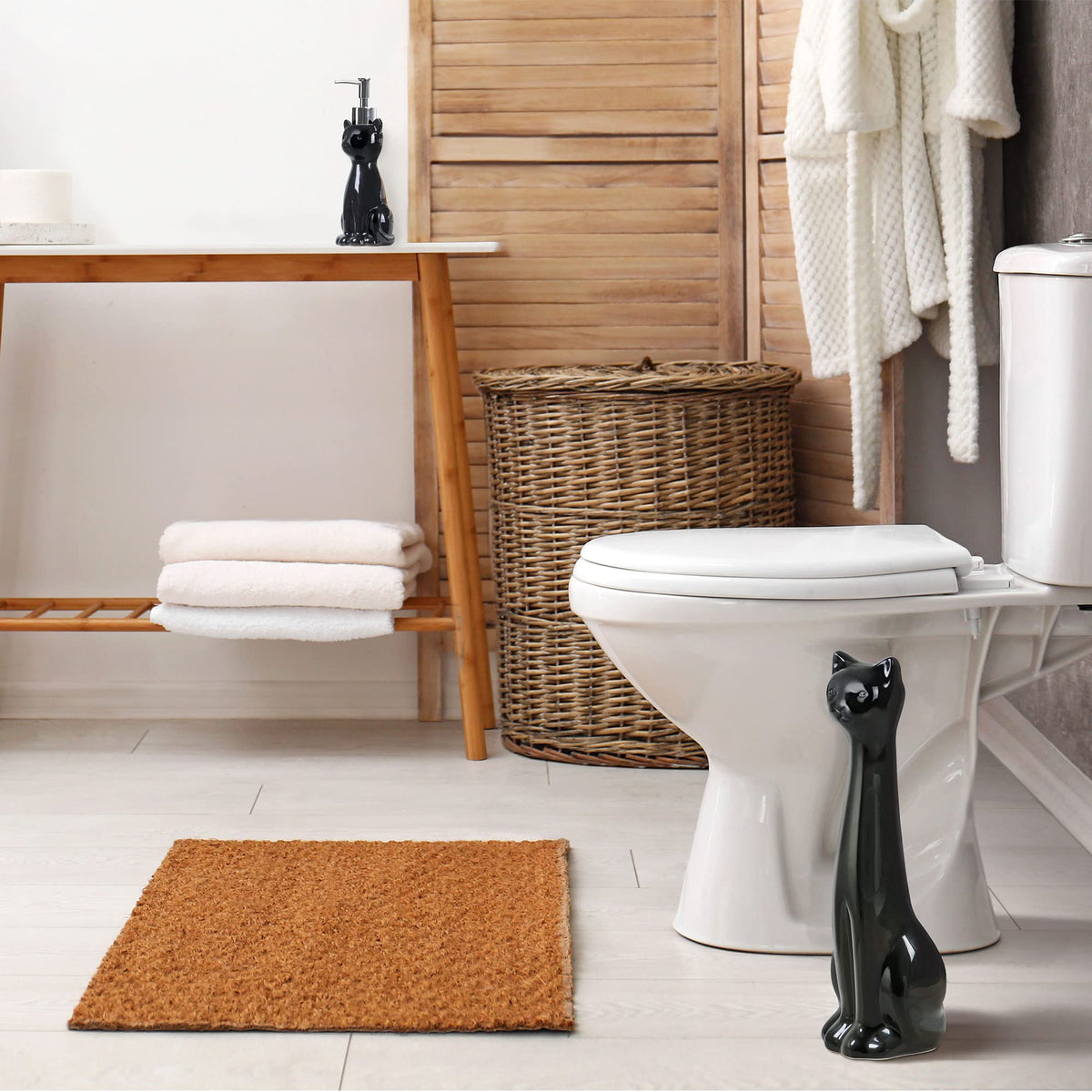 Cat 3 Piece Black Ceramic Toilet Brush Holder with White Plastic Brush and Soap Dispenser Set