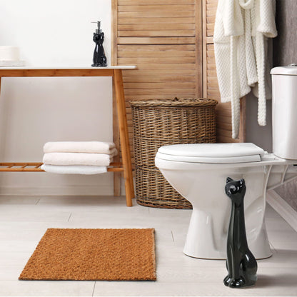 Cat 3 Piece Black Ceramic Toilet Brush Holder with White Plastic Brush and Soap Dispenser Set
