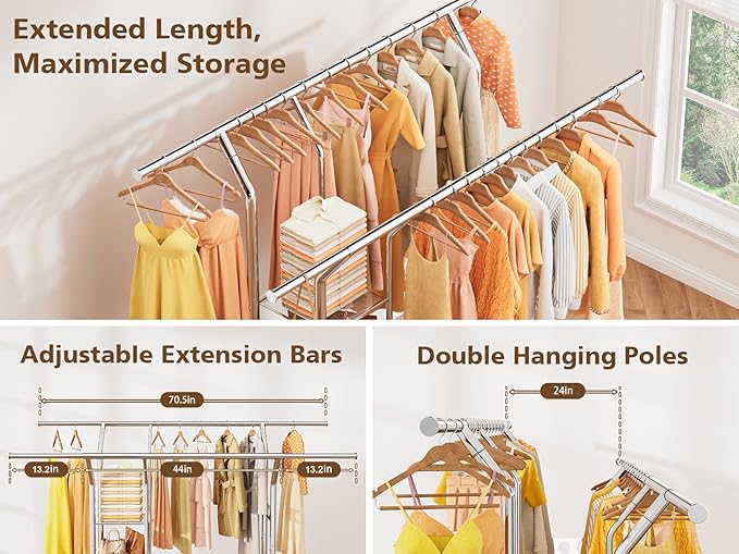 Heavy Duty Clothes Rack - Rolling Clothing Racks for Hanging Clothes Load 630 LBS, Double Rod Metal Garment Rack With Storage Shelf, Portable Wardrobe Racks with Wheels